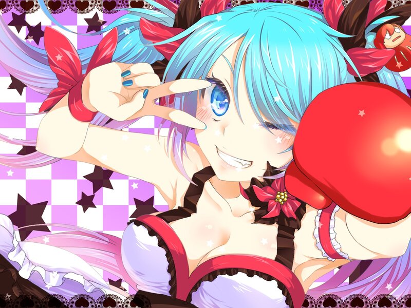 Blue-haired anime girl in boxing gloves