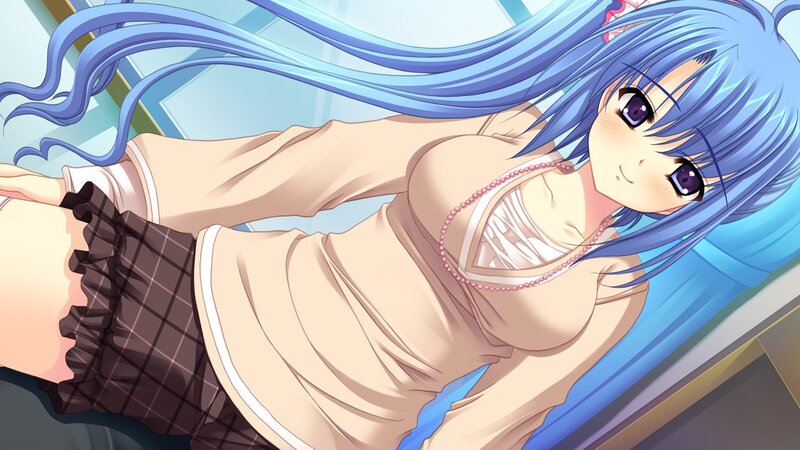 blue-haired anime girl in casual clothes