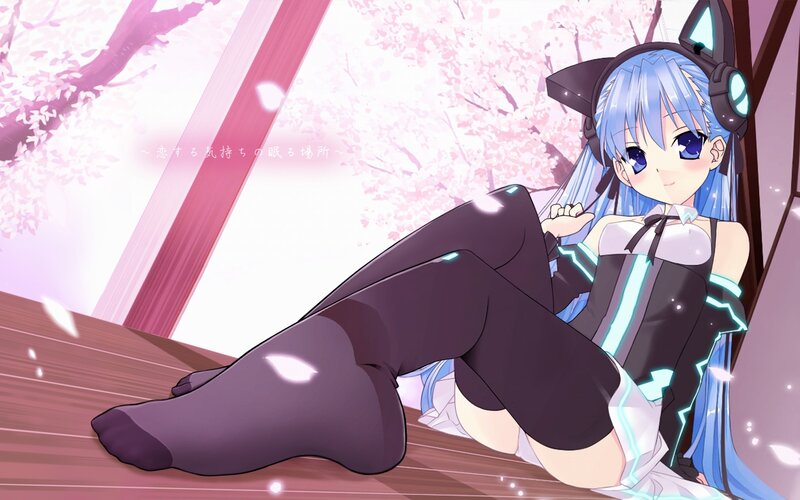 blue-haired anime girl in cherry blossoms