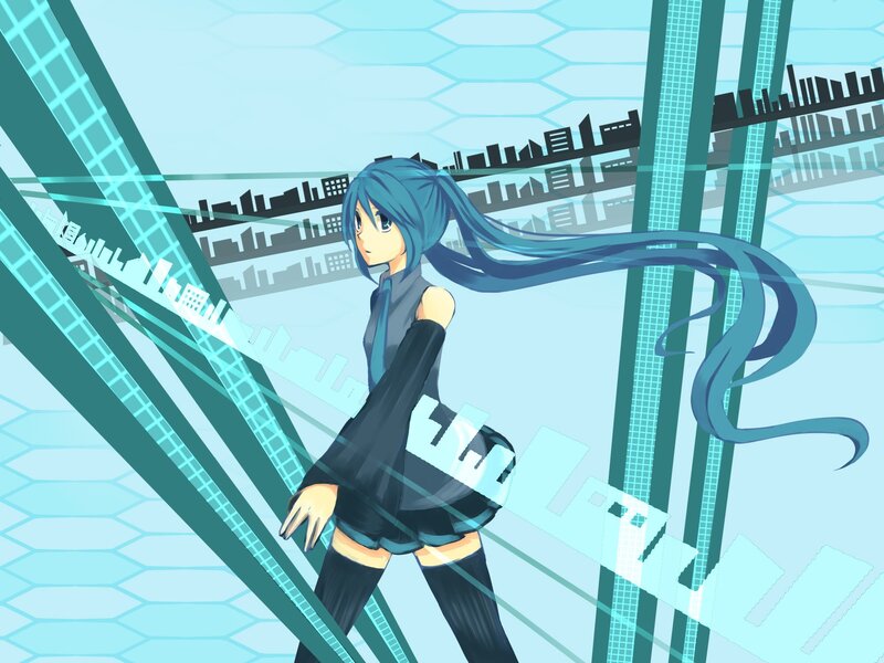 blue-haired anime girl in city