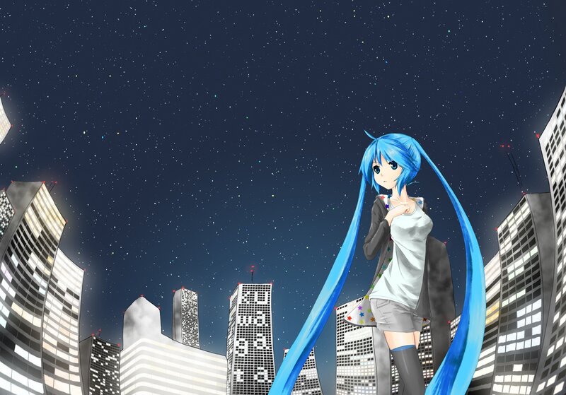 blue-haired anime girl in city