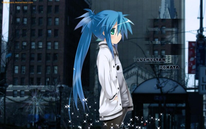 blue-haired anime girl in city