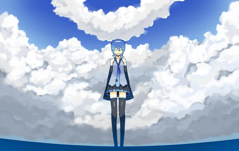blue-haired anime girl in clouds
