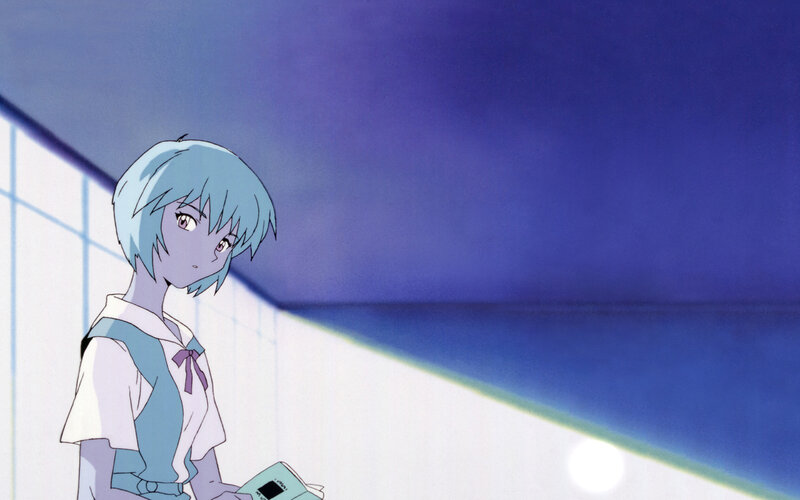 blue-haired anime girl in corridor