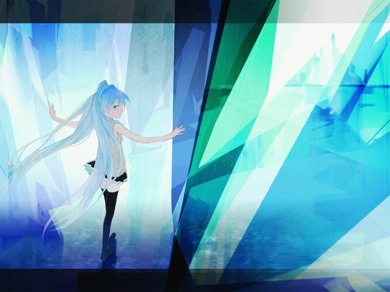 blue-haired anime girl in crystal cave