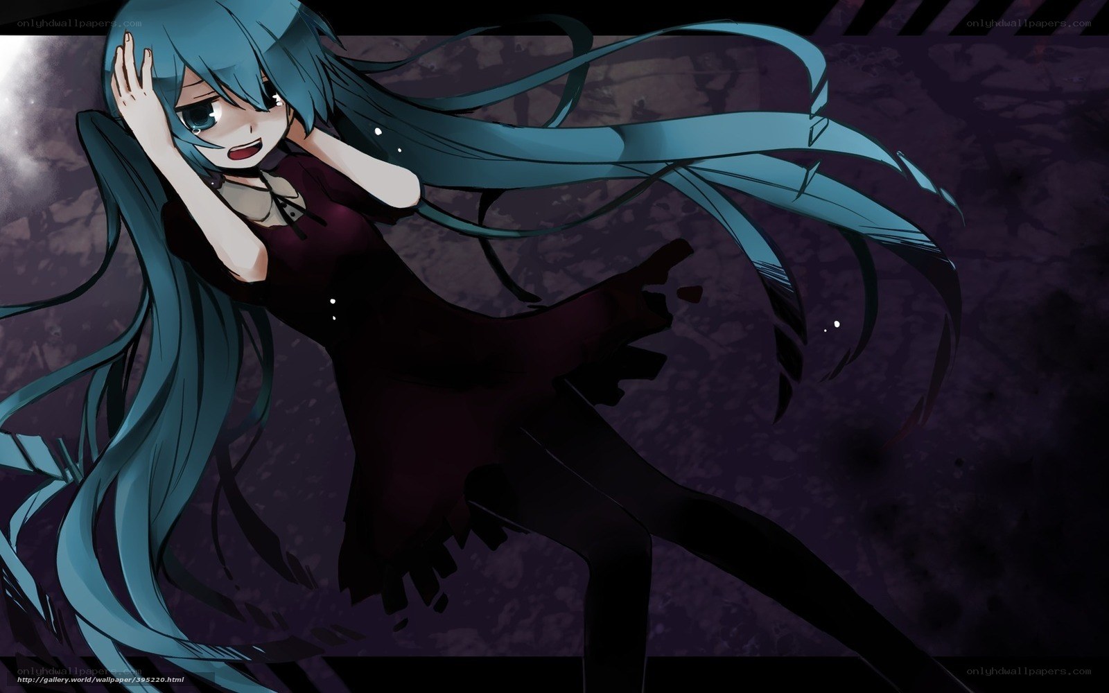blue-haired anime girl in dark dress
