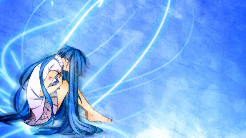 blue-haired anime girl in distress