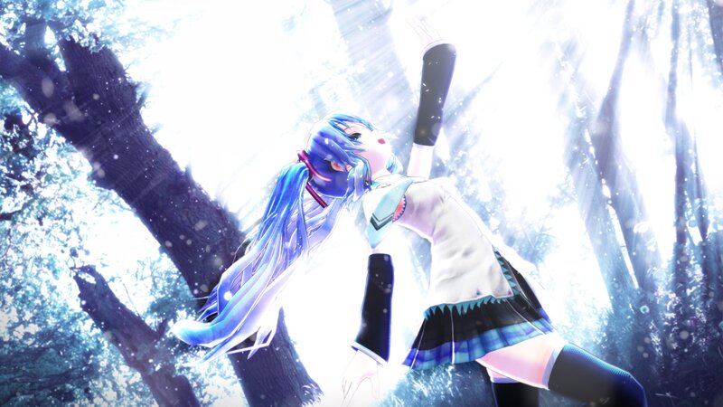 blue-haired anime girl in forest