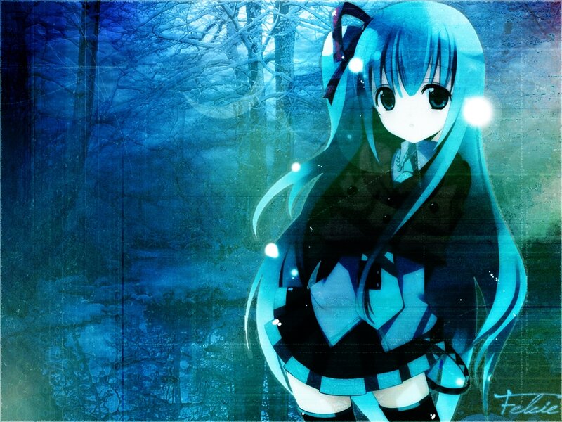 blue-haired anime girl in forest