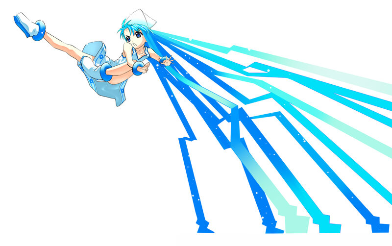 blue-haired anime girl in motion