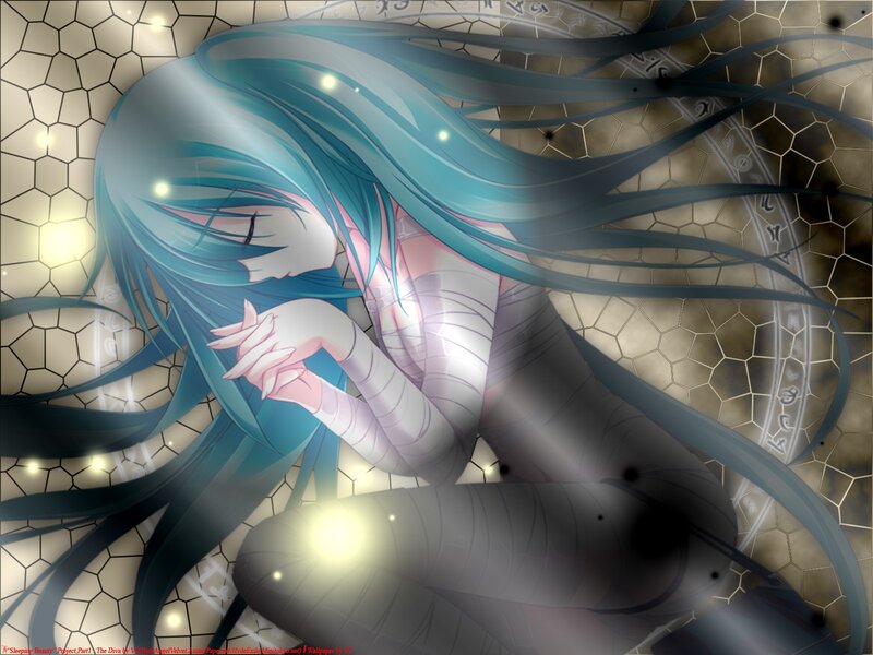 Blue-haired anime girl in mummy wrap