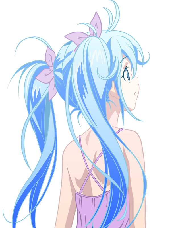 blue-haired anime girl in purple dress