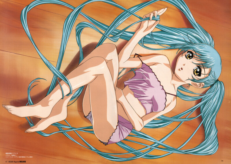 blue-haired anime girl in purple lingerie