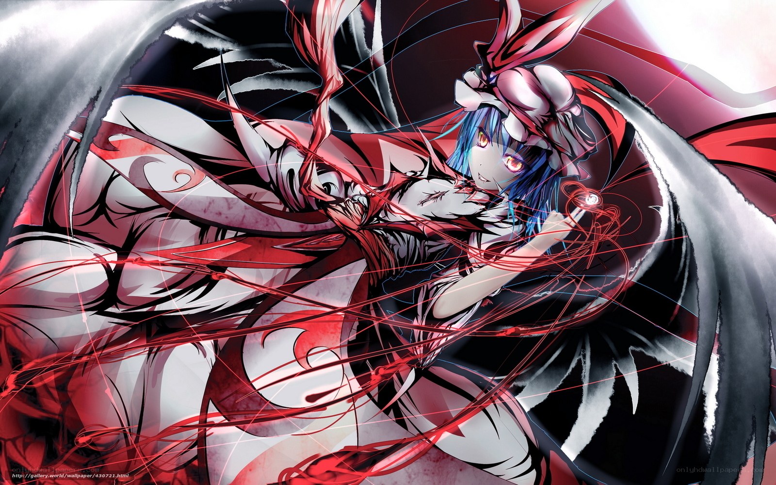 Blue-haired anime girl in red and black