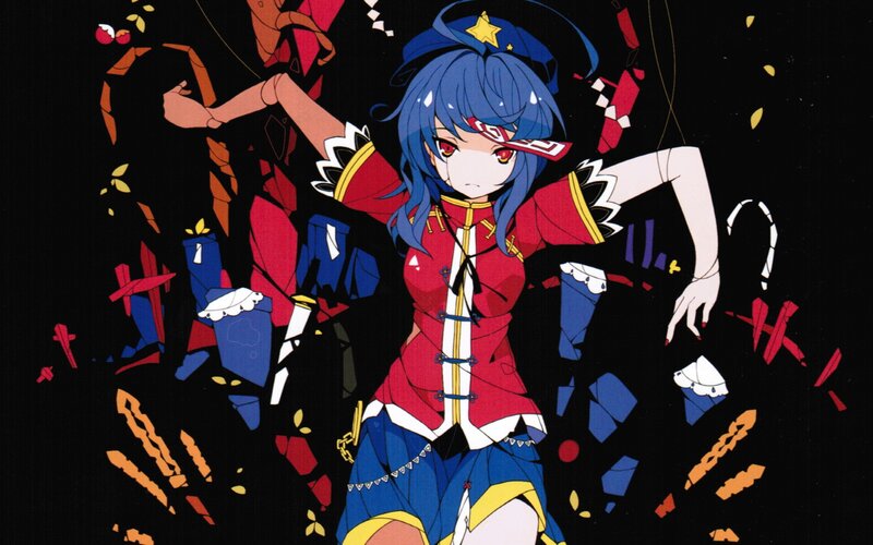 blue-haired anime girl in red outfit