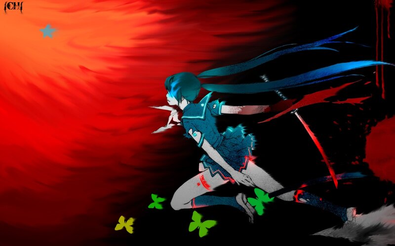 blue-haired anime girl in red storm