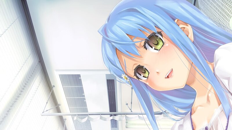 blue-haired anime girl in room