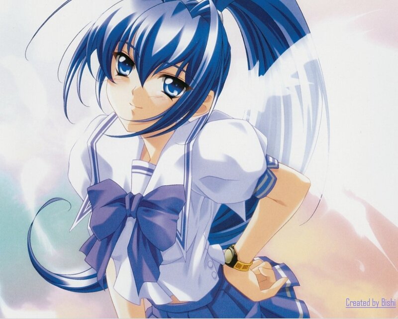 blue-haired anime girl in school uniform