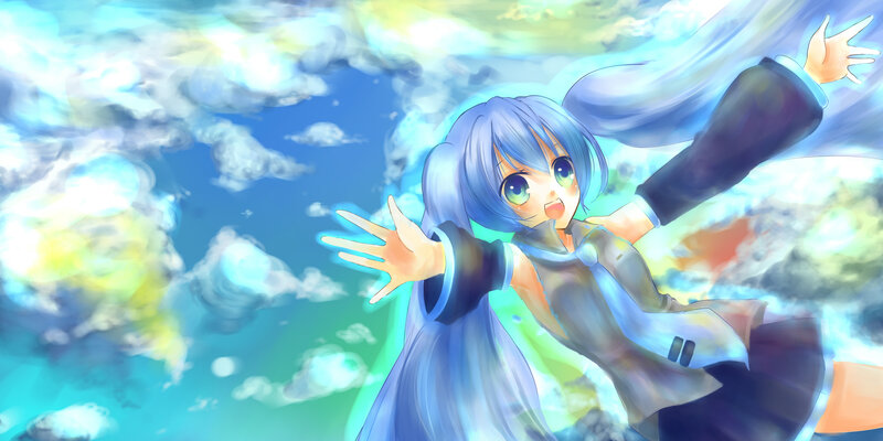 blue-haired anime girl in sky