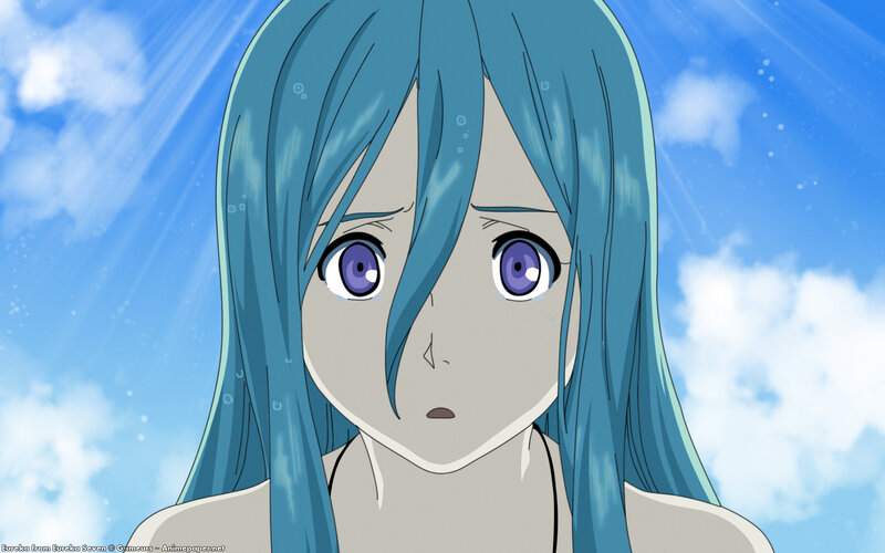 blue-haired anime girl in sky