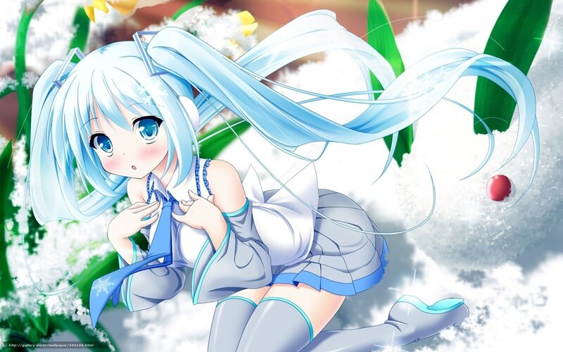 blue-haired anime girl in snow