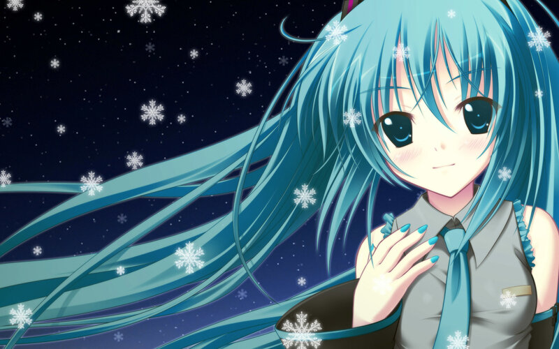 blue-haired anime girl in snow