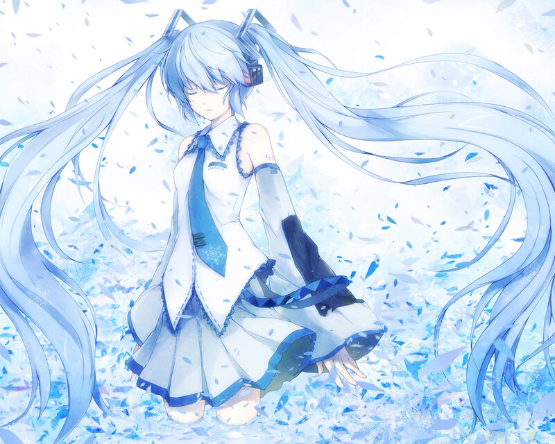 blue-haired anime girl in snow