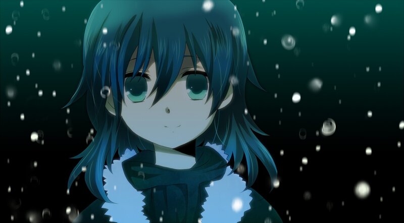 blue-haired anime girl in snow