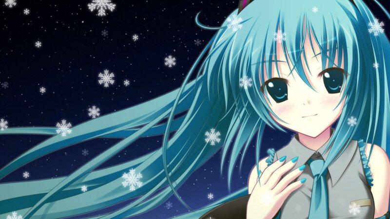 blue-haired anime girl in snow