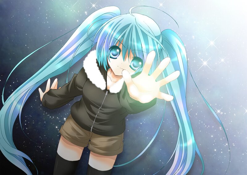 blue-haired anime girl in space