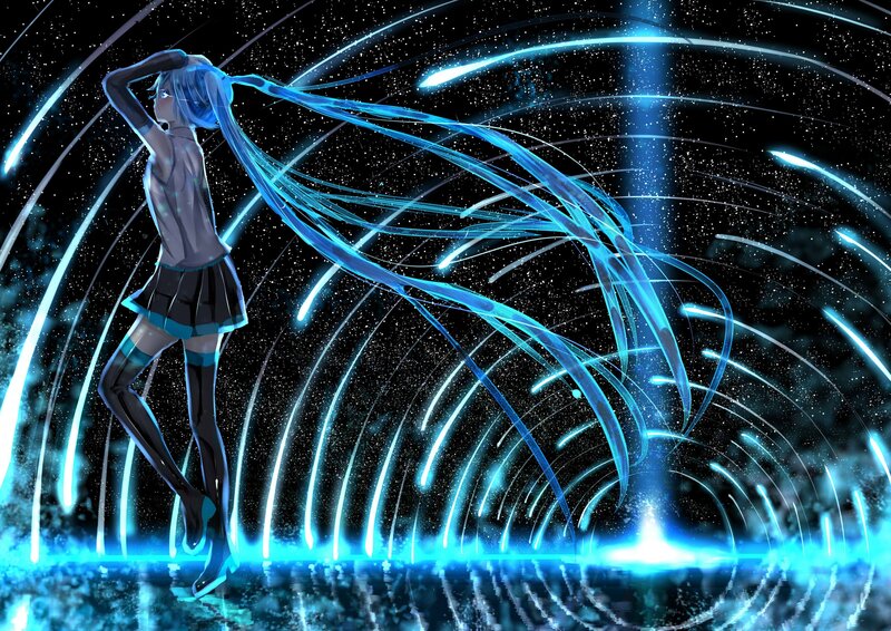 blue-haired anime girl in space