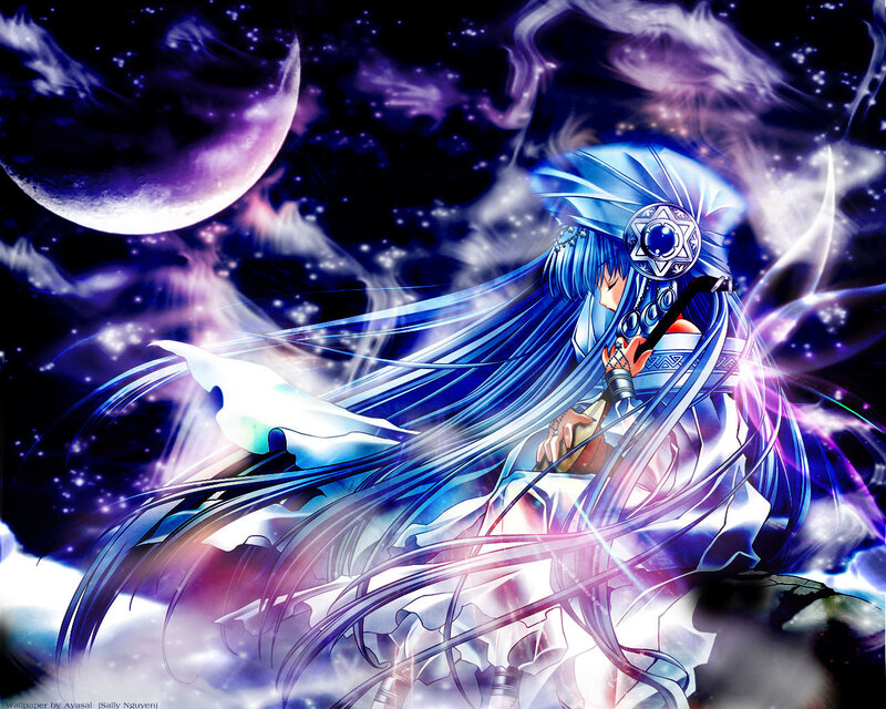 blue-haired anime girl in space