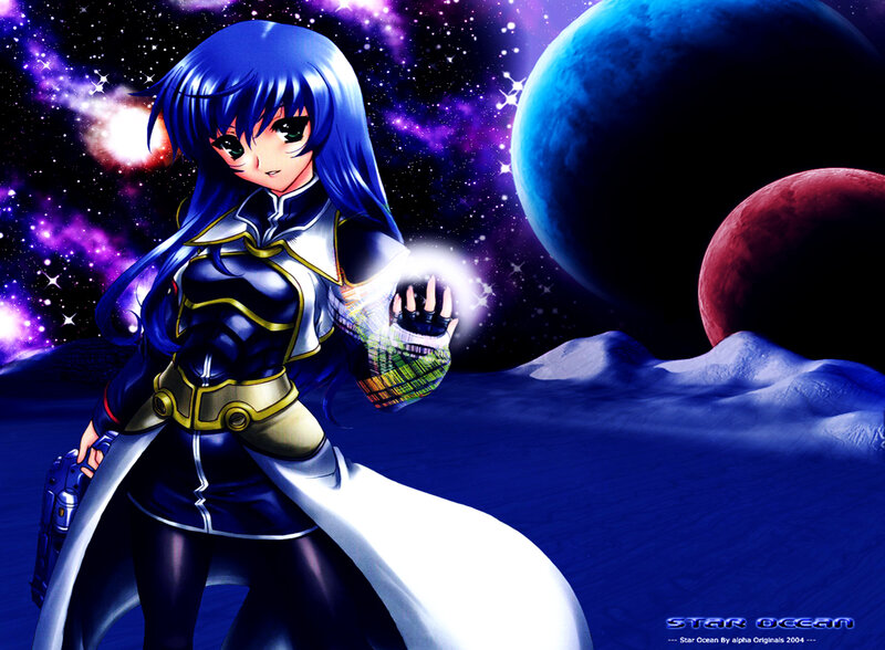 blue-haired anime girl in space