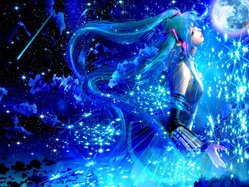 blue-haired anime girl in space