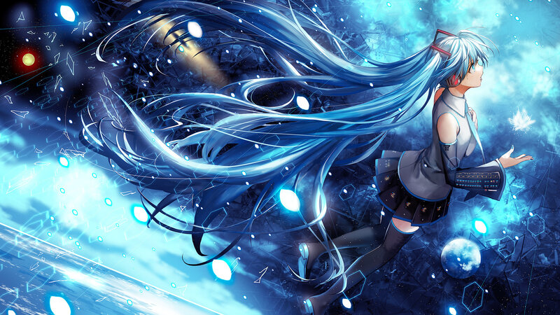 blue-haired anime girl in space