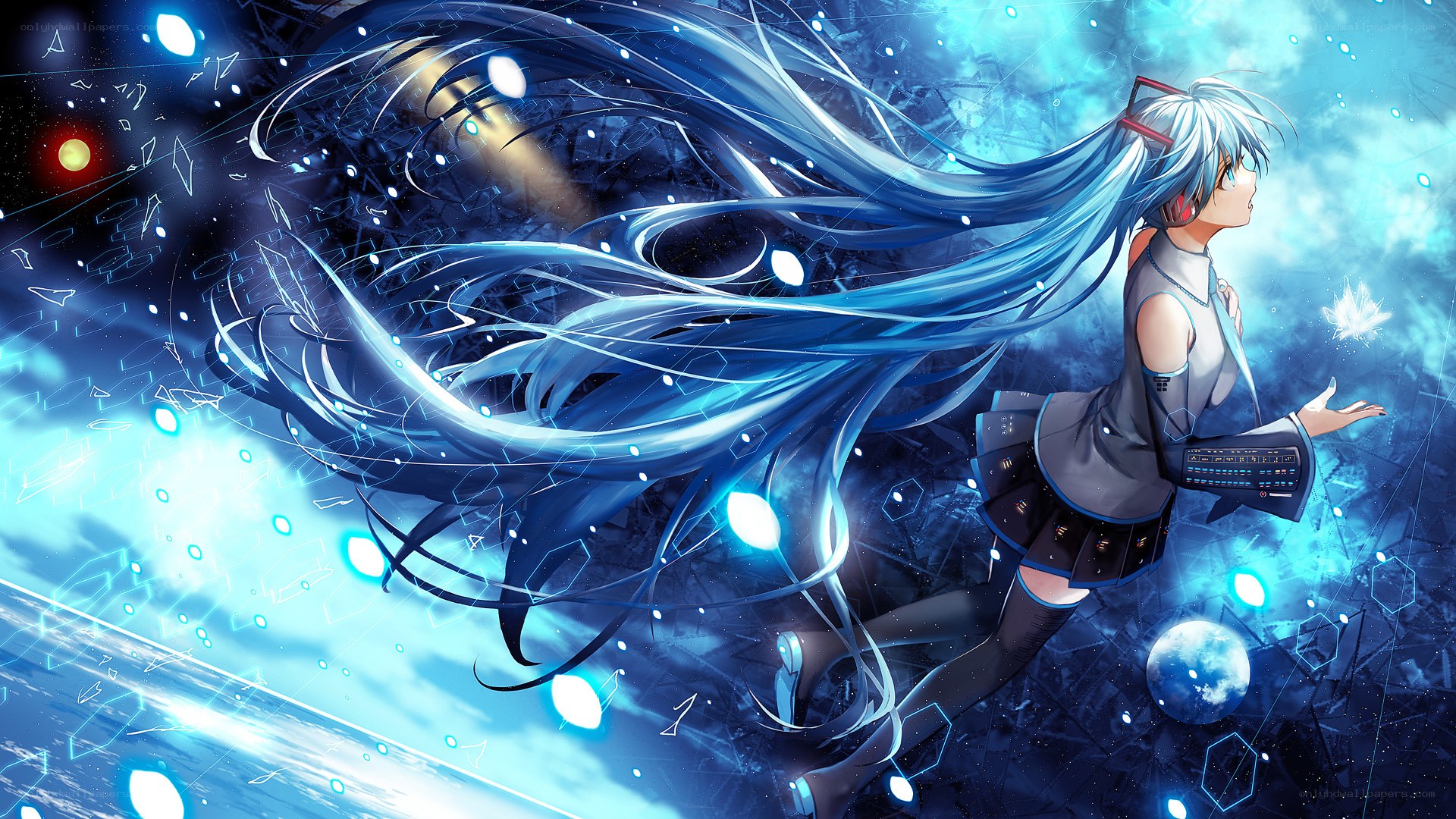 blue-haired anime girl in space