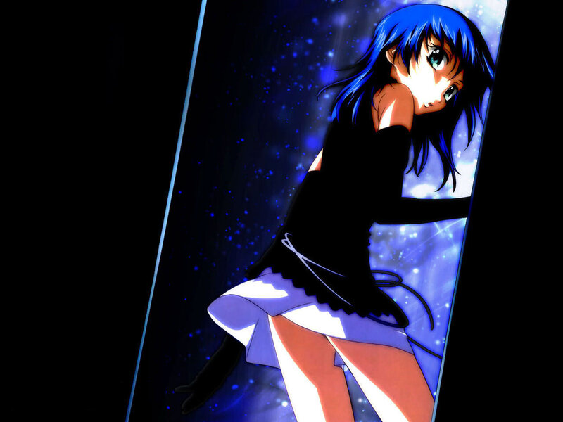 blue-haired anime girl in space