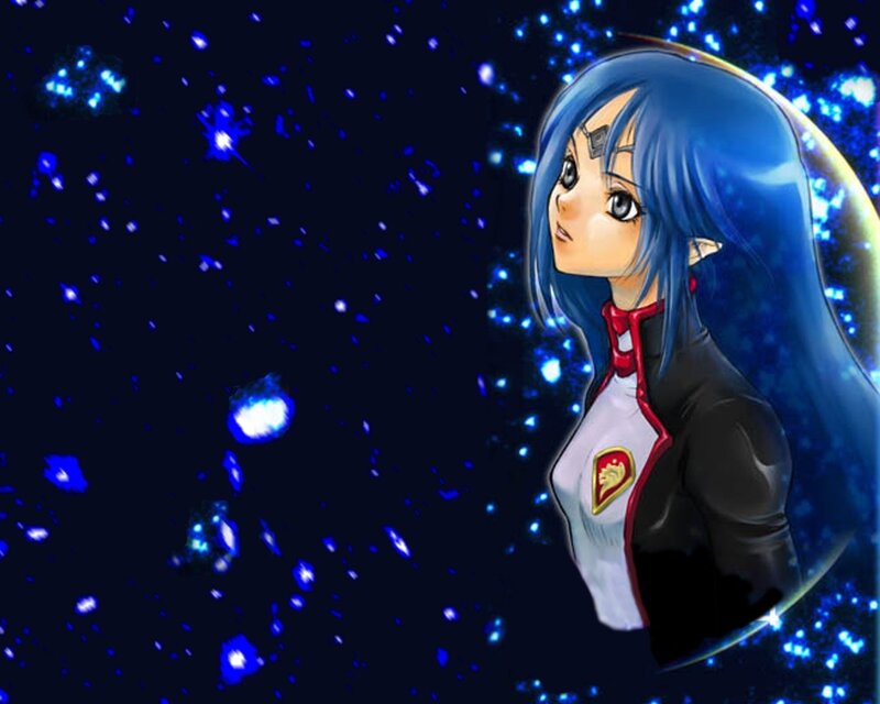 blue-haired anime girl in space