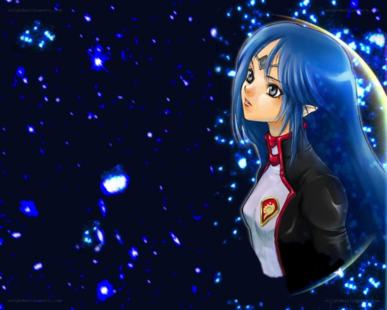 blue-haired anime girl in space