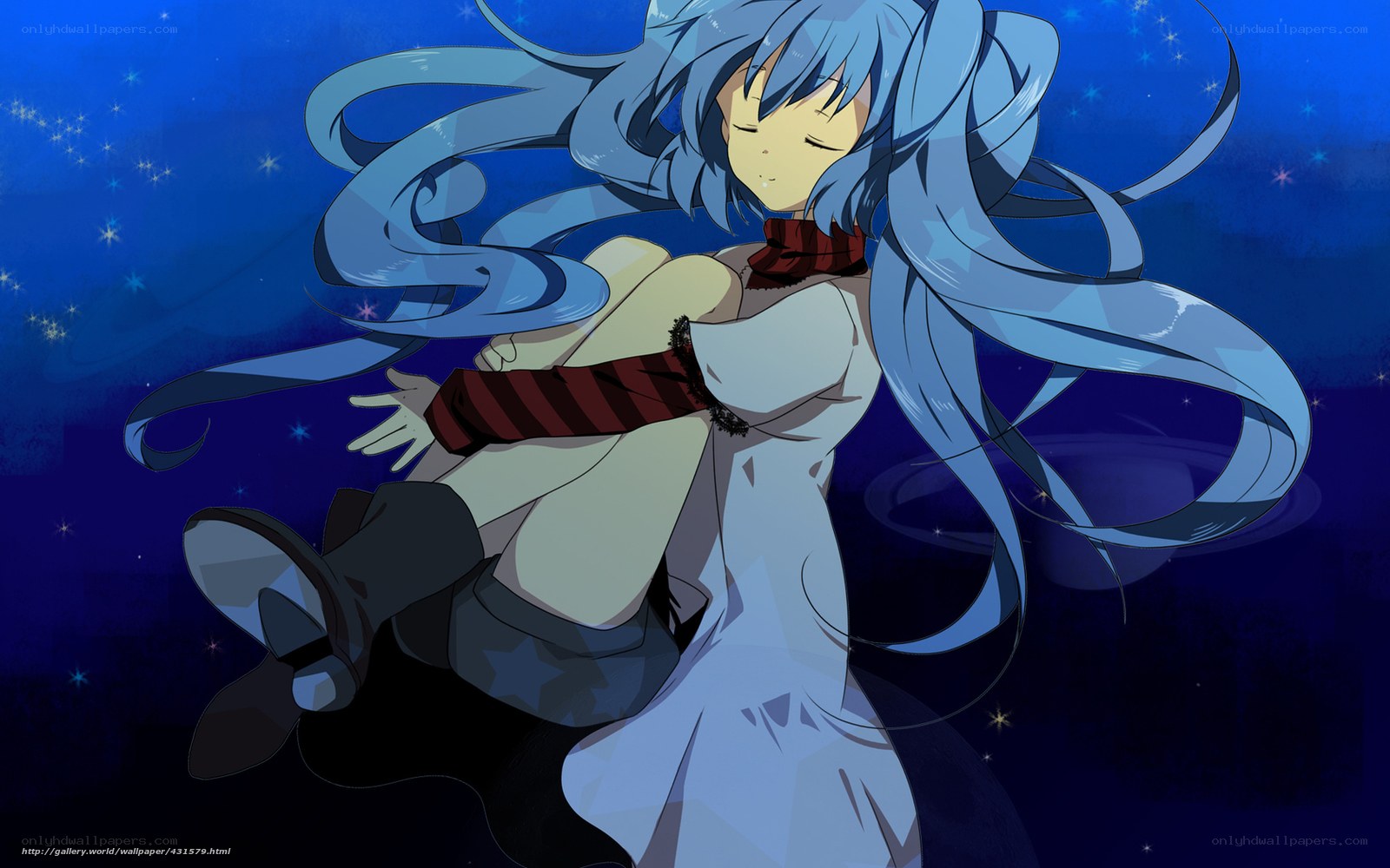blue-haired anime girl in starry night