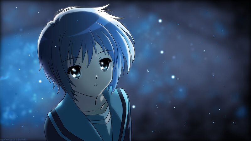 blue-haired anime girl in starry night