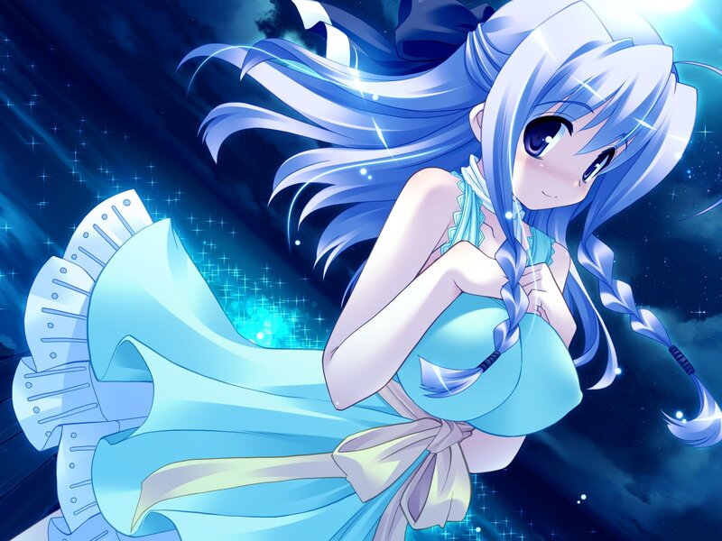blue-haired anime girl in starry sky
