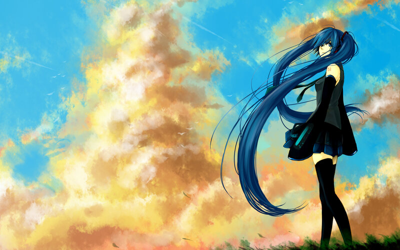 blue-haired anime girl in sunset