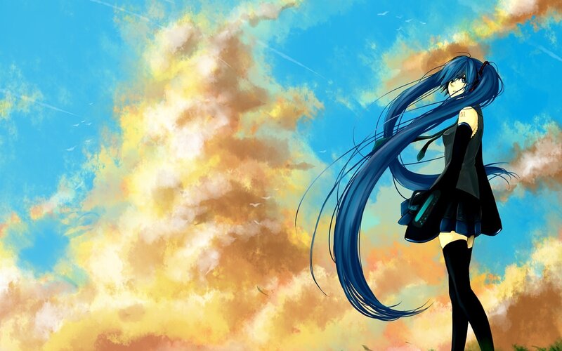 blue-haired anime girl in sunset