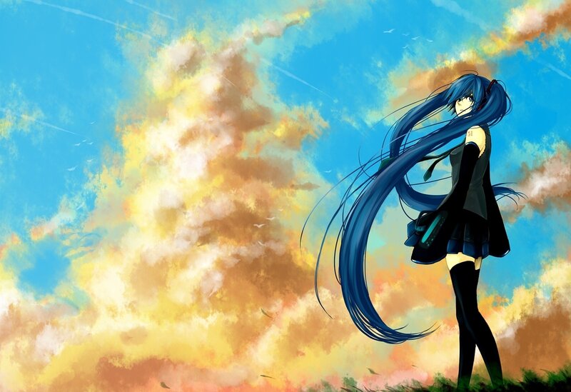 blue-haired anime girl in sunset