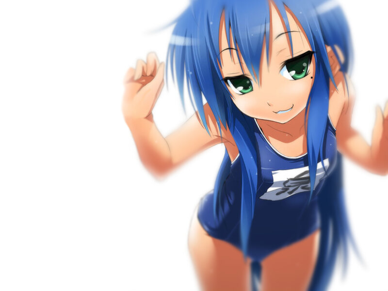 blue-haired anime girl in swimsuit
