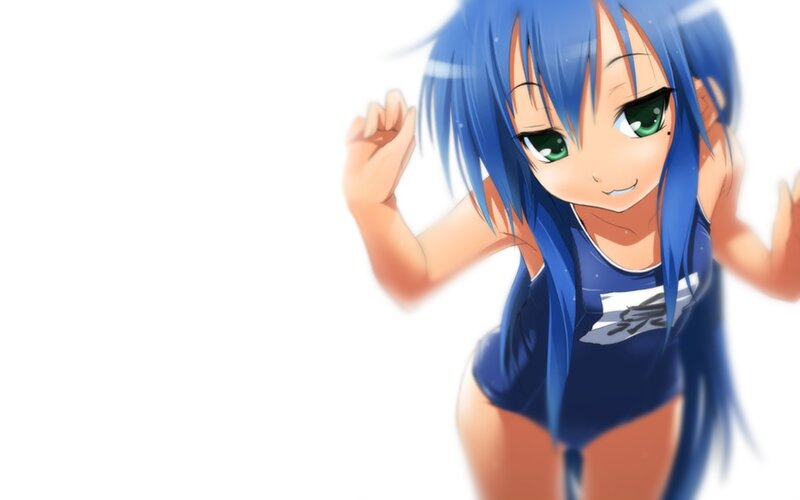 blue-haired anime girl in swimsuit