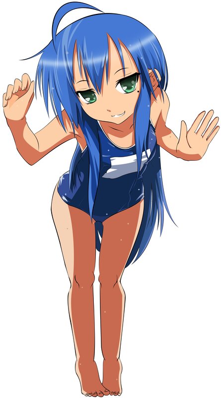 blue-haired anime girl in swimsuit
