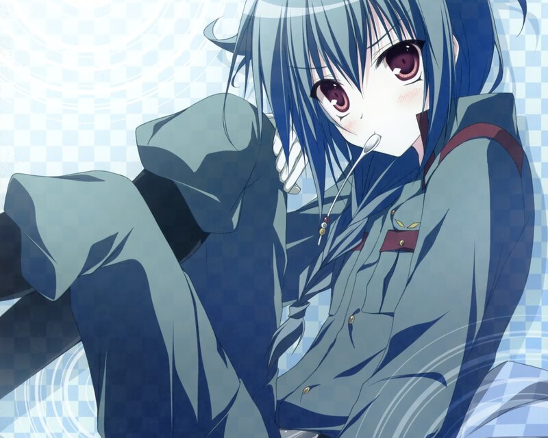 blue-haired anime girl in uniform