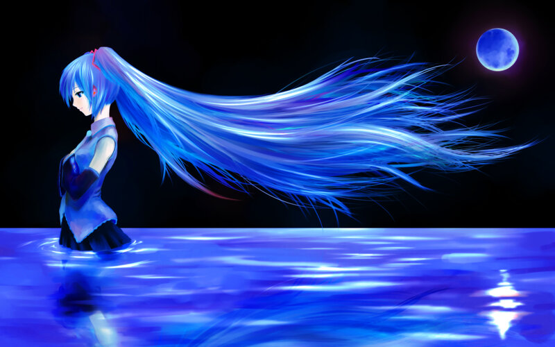 blue-haired anime girl in water